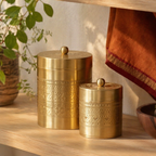 Moradabad Floral-Etched Brass Dabba Set of Two, The Brass Atelier. Handmade in India by House of Taraasha.