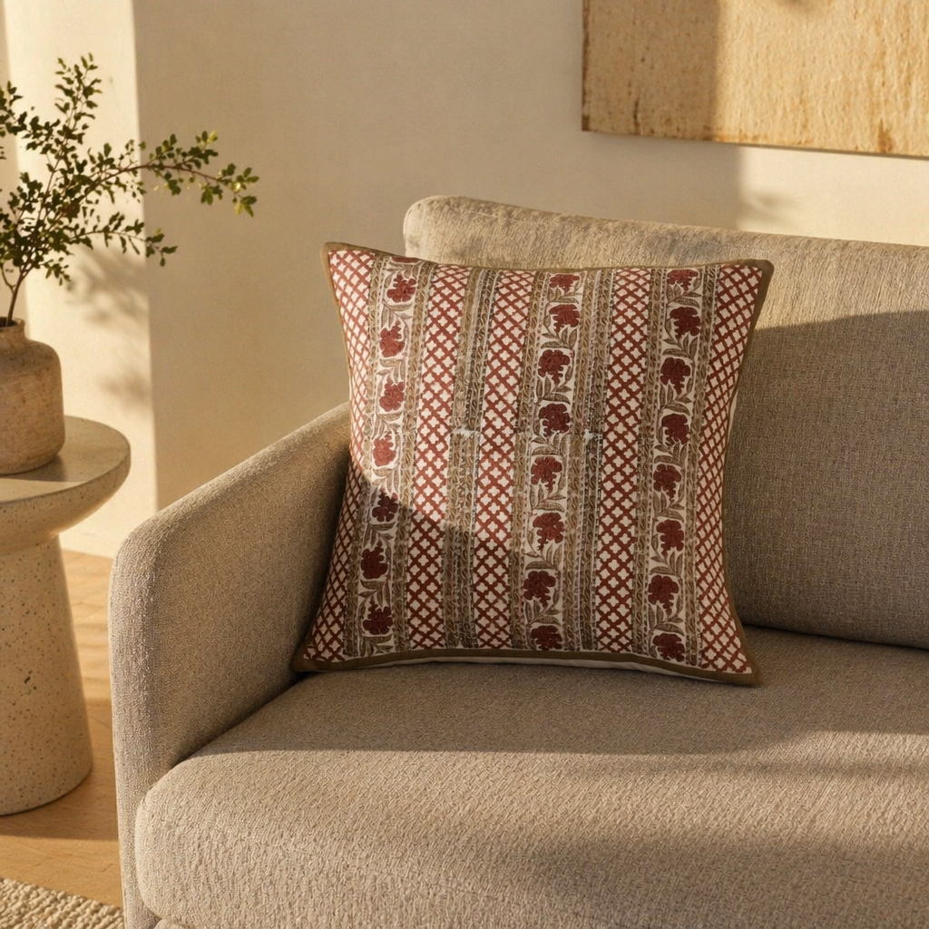 Ivory and Rust Hand Block-Printed Floral Cushion Cover. Handmade in India by House of Taraasha.