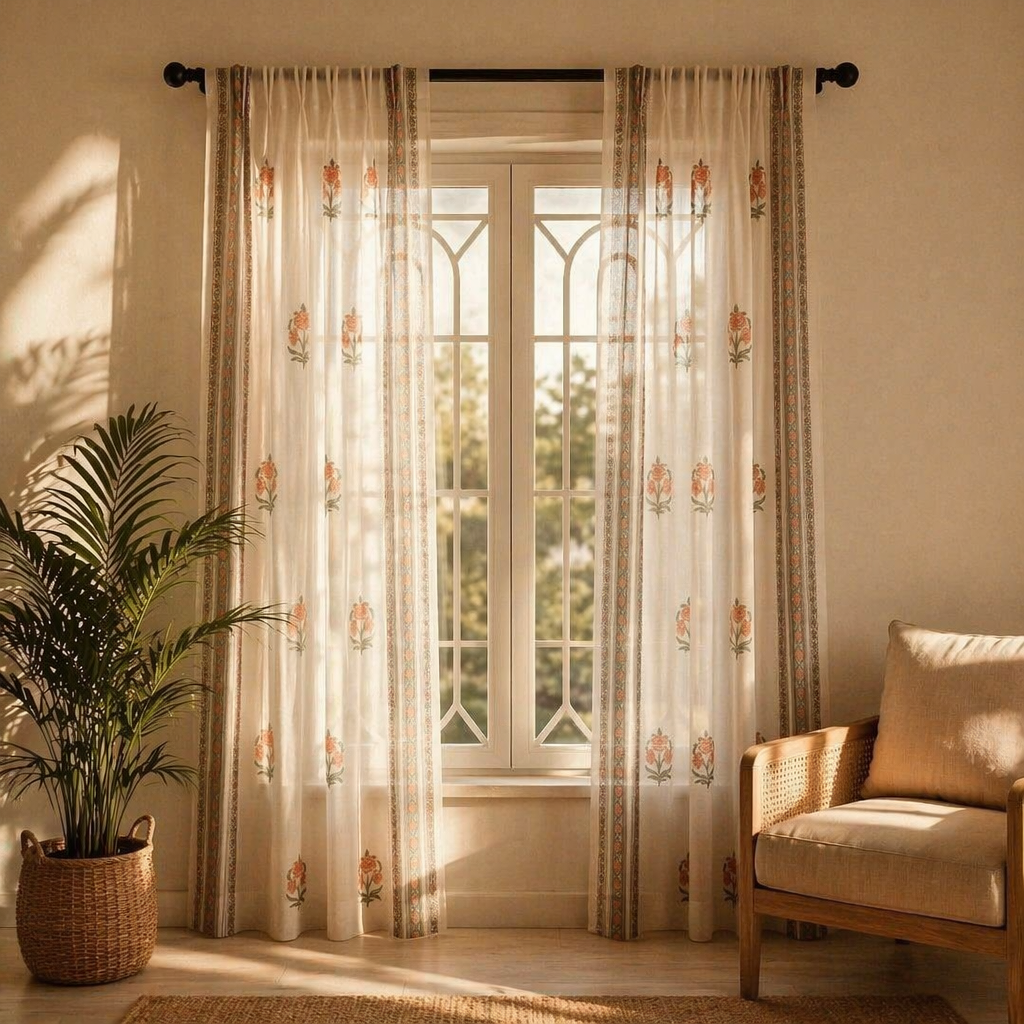 Mulmul Sheer Hand-Printed Green and Dusty Pink Curtain, The Draped Window. Handmade in India by House of Taraasha.