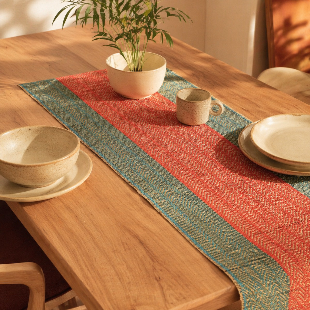 Madur Teal & Red Handwoven Grass Runner, The Gathered Table. Handmade in India by House of Taraasha.