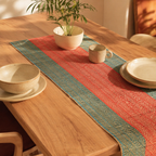Madur Teal & Red Handwoven Grass Runner, The Gathered Table. Handmade in India by House of Taraasha.