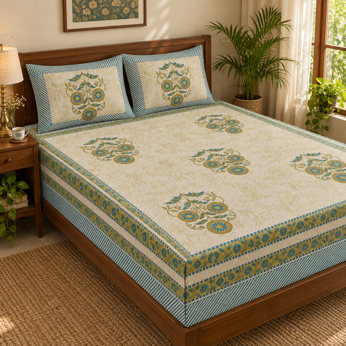 Teal Medallion Floral Bedsheet Set, on a made double bed in a bright bedroom