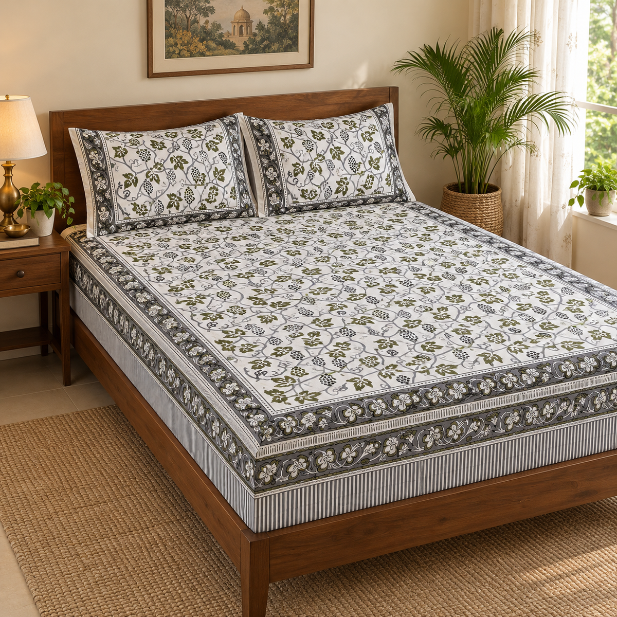 Grapevine Print Bedsheet Set, on a made double bed in a bright bedroom