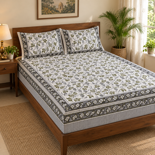 Grapevine Print Bedsheet Set, on a made double bed in a bright bedroom