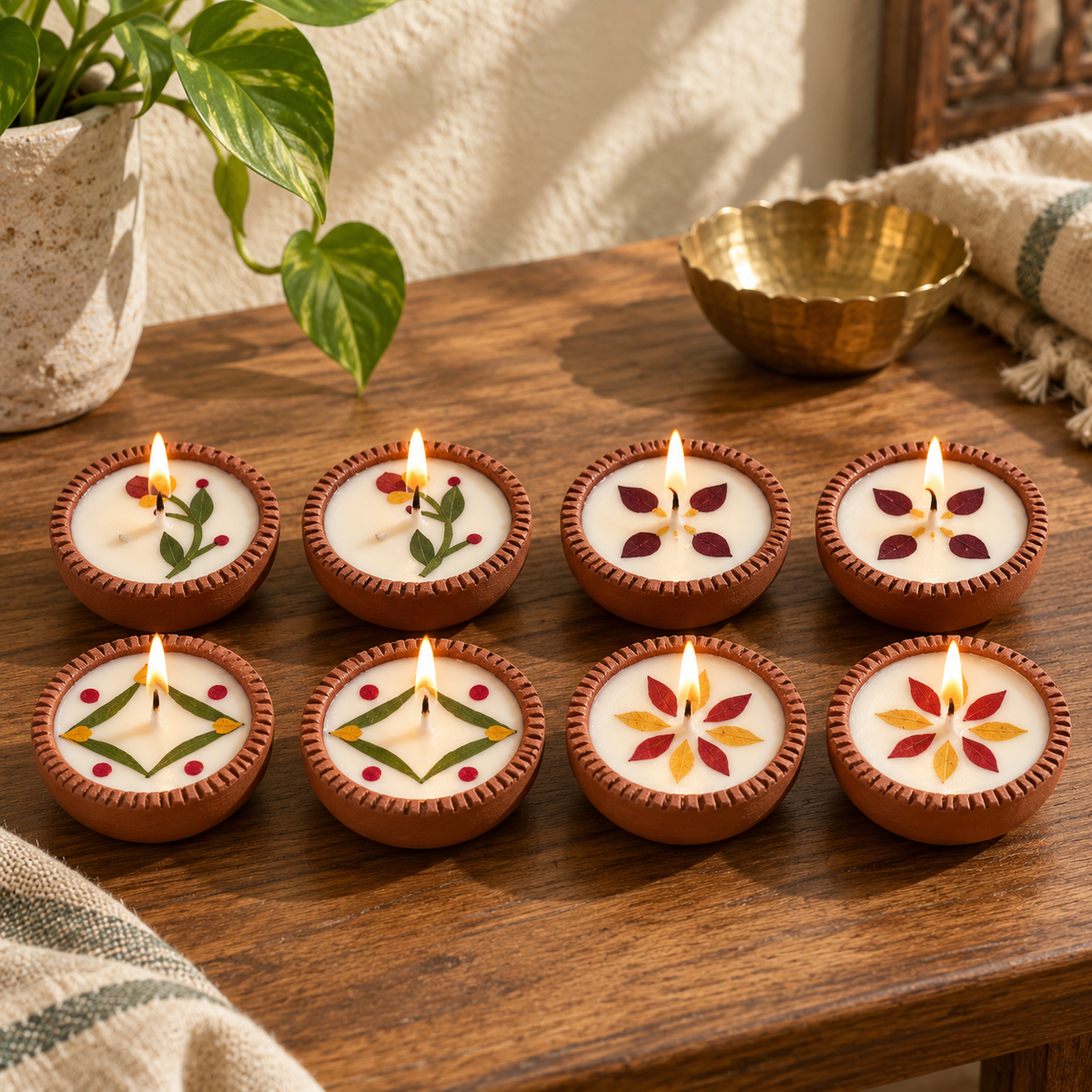 Small Soy Wax Diyas with Flower Petals, Set of 8, on a teak console in daylight