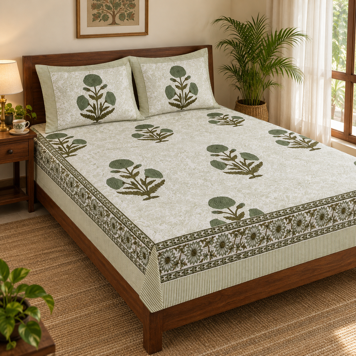 Sage Green Floral Bedsheet Set, on a made double bed in a bright bedroom