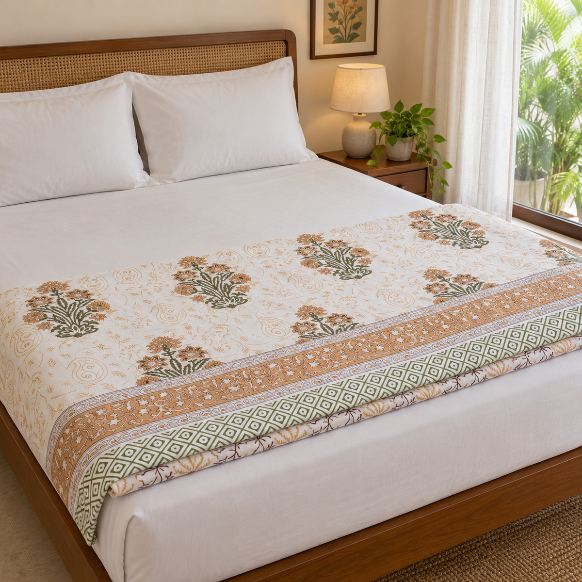Tan and Olive Floral Dohar, folded at the foot of a made bed