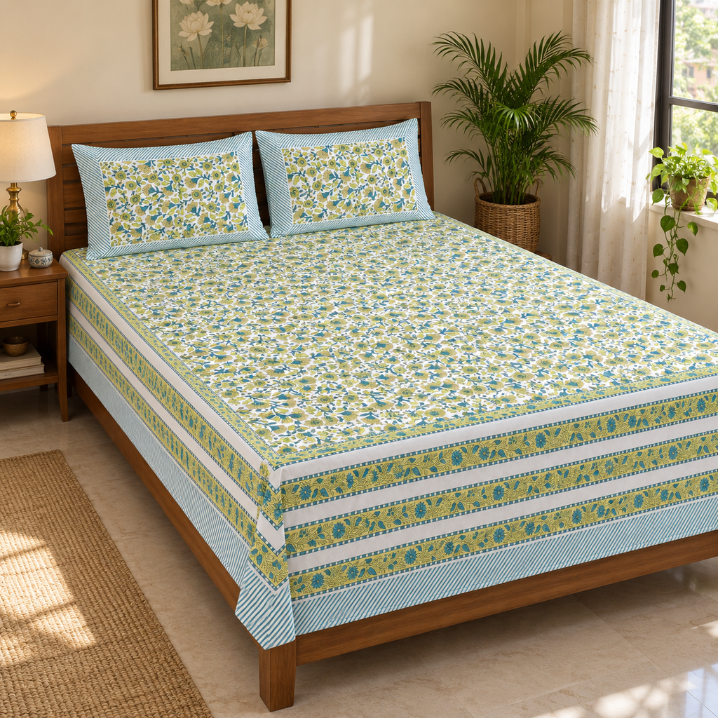 Yellow Green Floral Bedsheet Set, on a made double bed in a bright bedroom