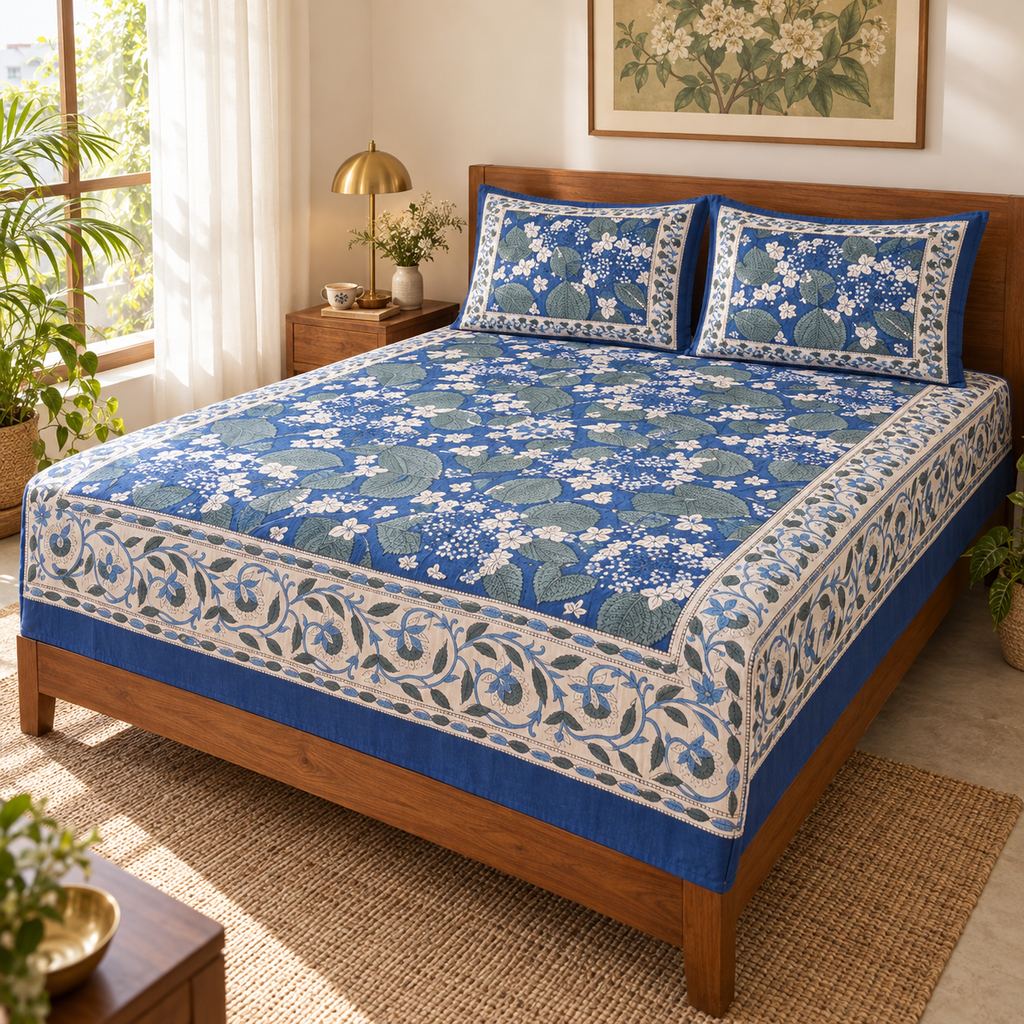 Indigo Blue Floral Bedsheet Set, on a made double bed in a bright bedroom