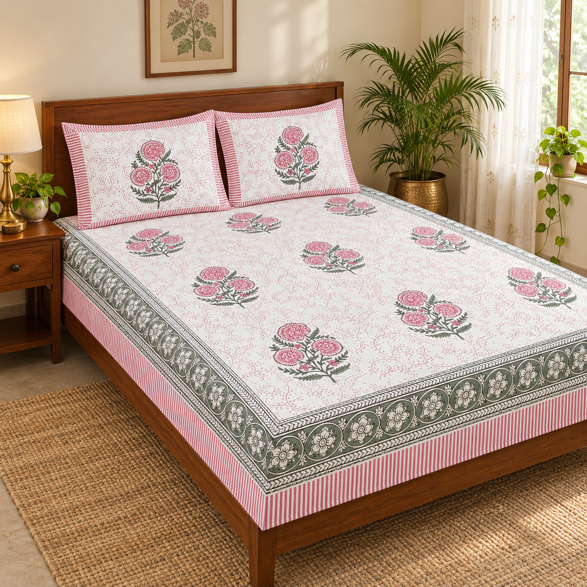 Pink Floral Buta Bedsheet Set, on a made double bed in a bright bedroom