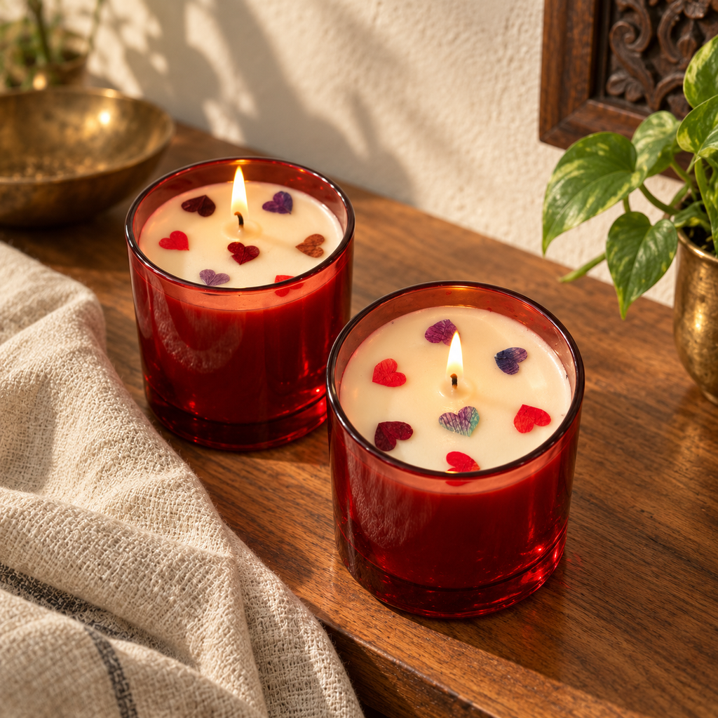 Red Soy Wax Candles with Dried-Rose Hearts, Set of 2, on a teak console in daylight