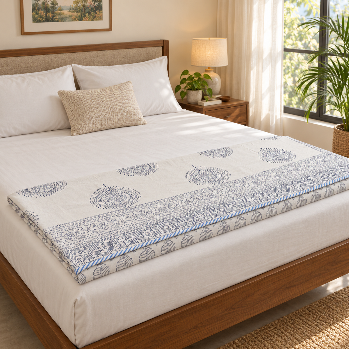 Grey Paisley Medallion Dohar, folded at the foot of a made bed
