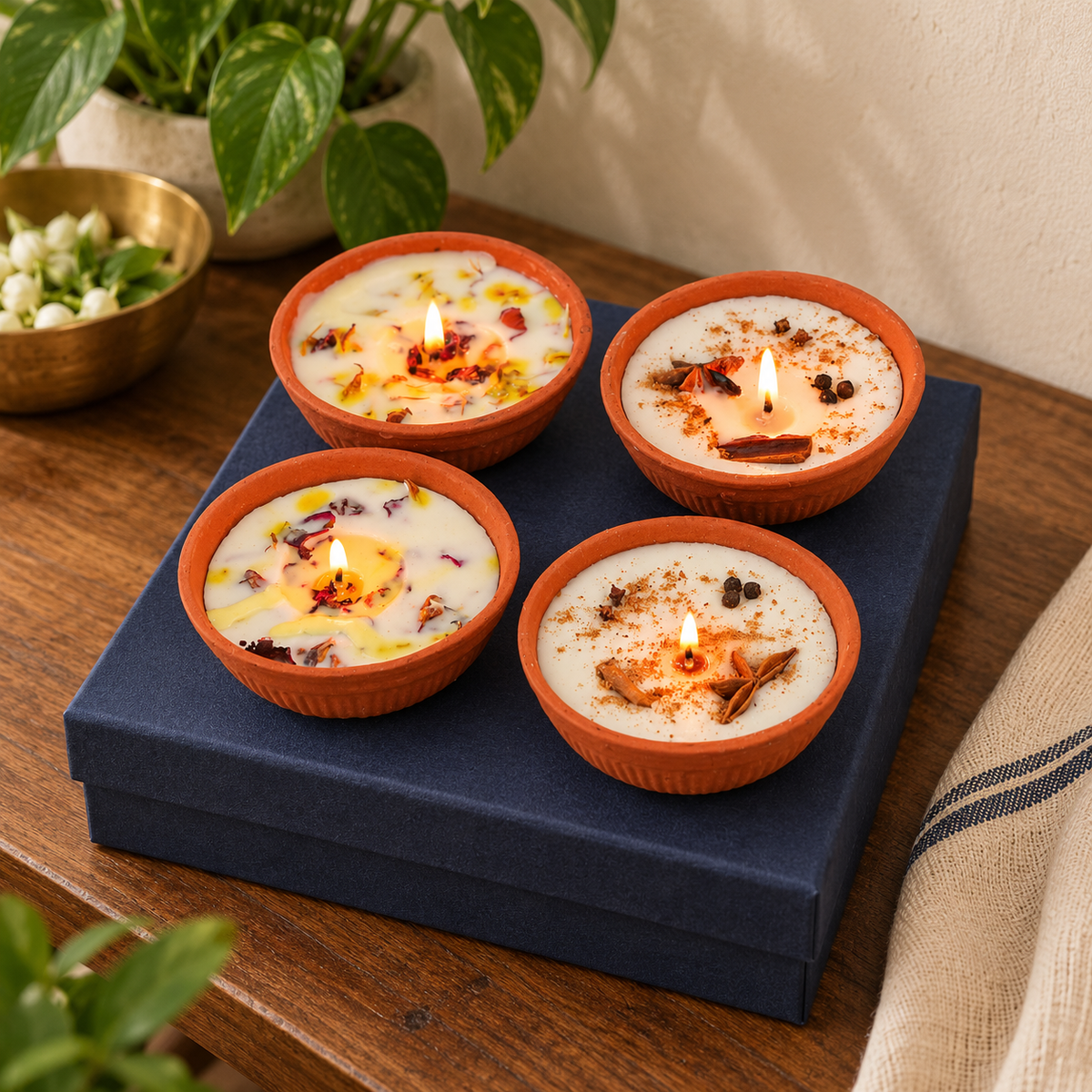 Floral and Spice Soy Wax Diya Gift Hamper, Set of 4, in a home in daylight