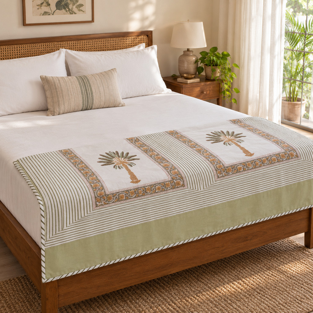 Palm Tree Dohar, folded at the foot of a made bed