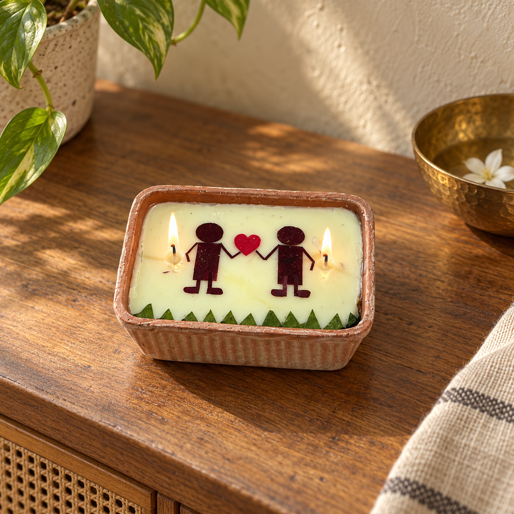 Love Candle, Two Grooms, Dried Rose in Terracotta, on a teak console in daylight