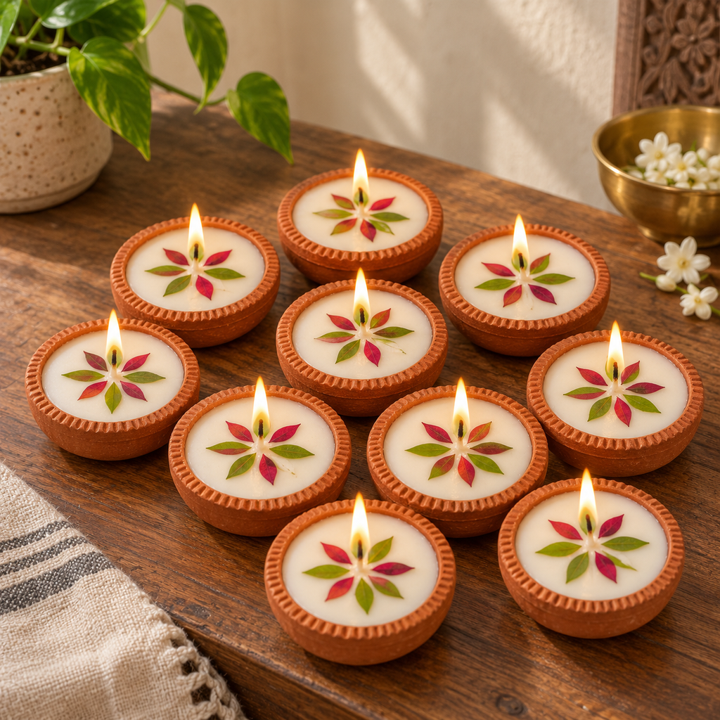 Mini Pressed-Flower Terracotta Diyas, 10 in 5 Gift Boxes, in a home in daylight