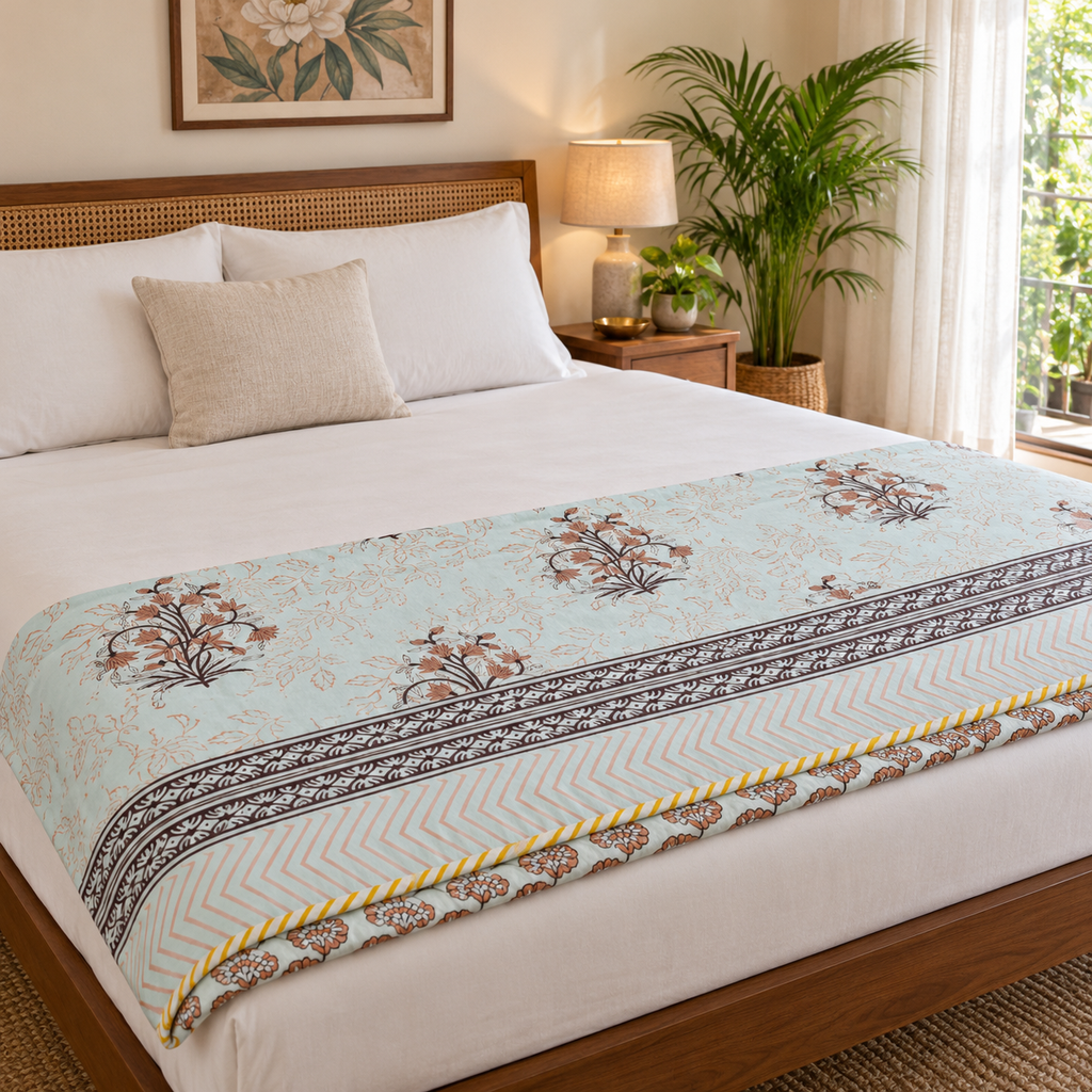 Aqua Floral Dohar, folded at the foot of a made bed