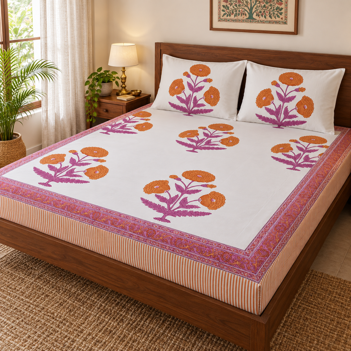 Orange Poppy Bedsheet Set, on a made double bed in a bright bedroom