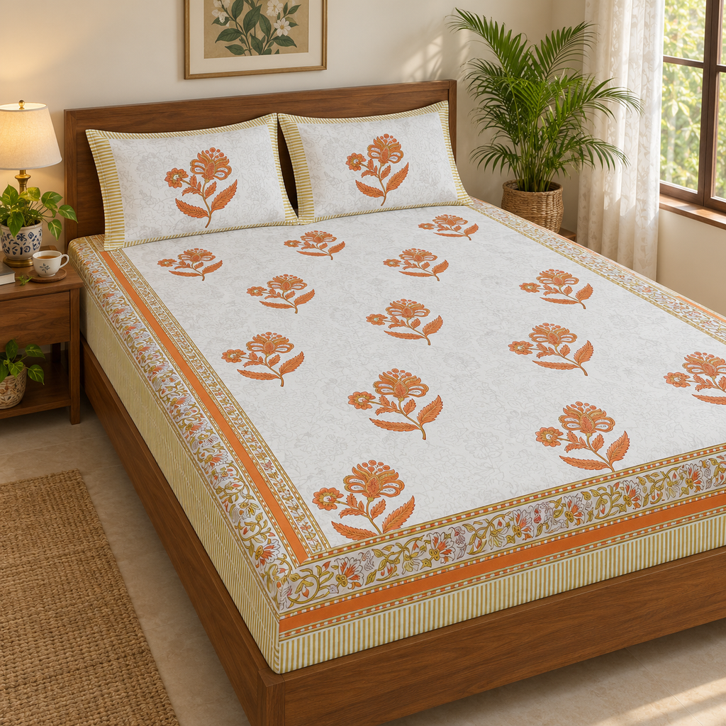 Orange Floral Buta Bedsheet Set, on a made double bed in a bright bedroom