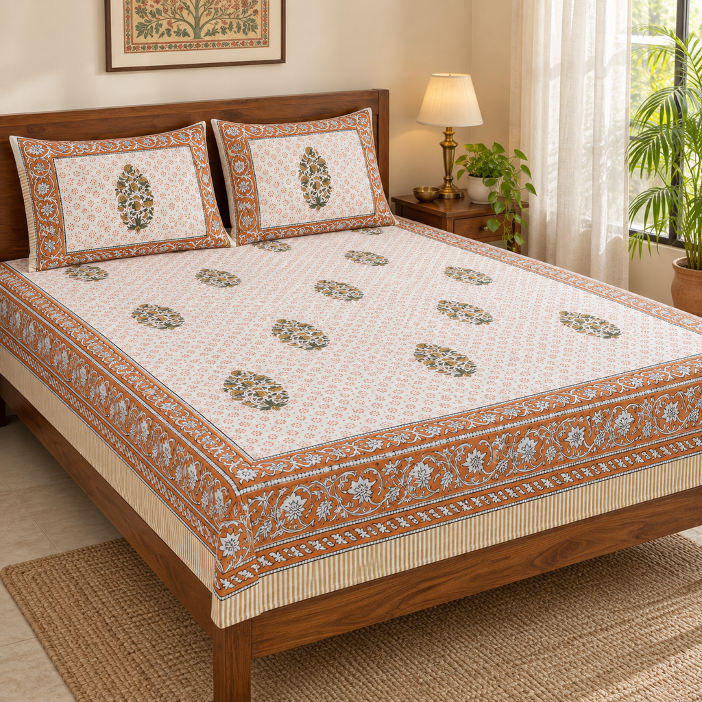 Rust Floral Buta Bedsheet Set, on a made double bed in a bright bedroom