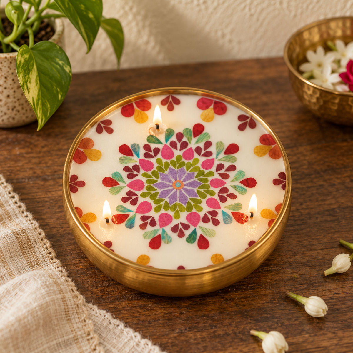 Mandala Soy Wax Candle in a Brass Urli, 5 in, on a teak console in daylight