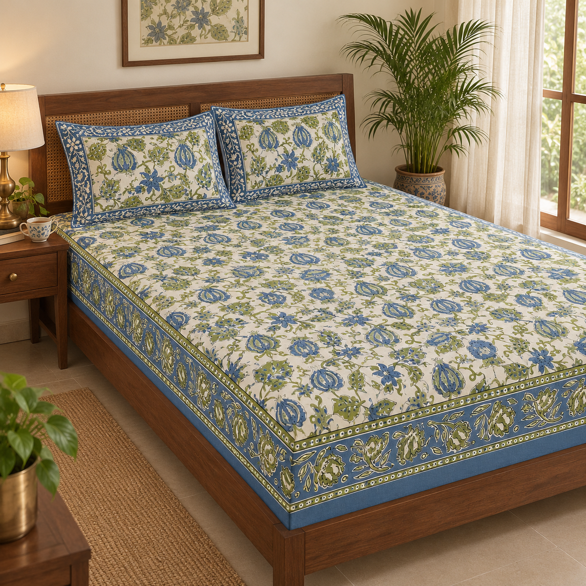 Blue and Green Floral Bedsheet Set, on a made double bed in a bright bedroom
