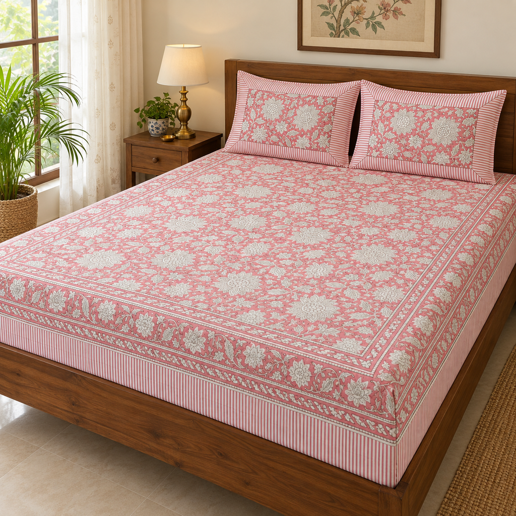 Pink Floral Jaal Bedsheet Set, on a made double bed in a bright bedroom