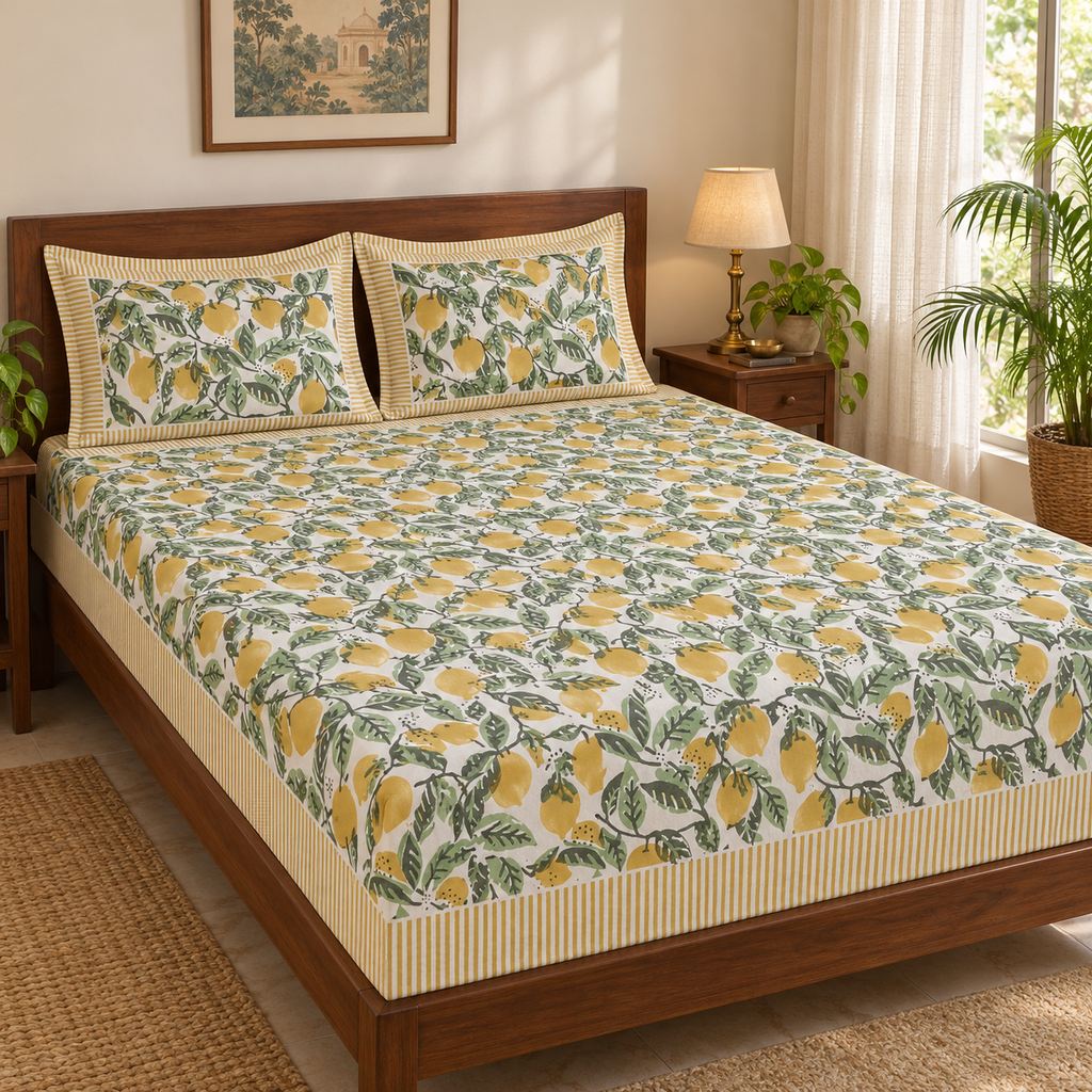 Lemon Print Bedsheet Set, on a made double bed in a bright bedroom