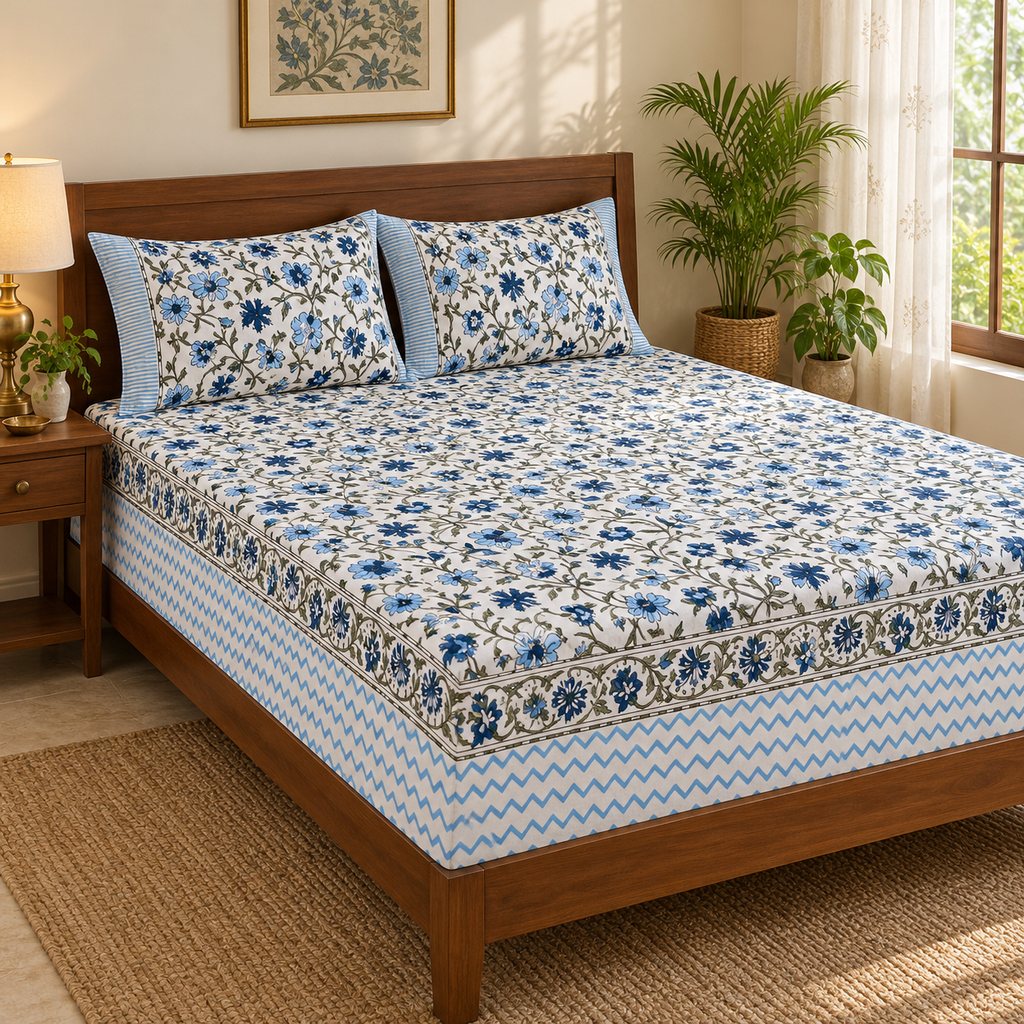 Blue Zigzag Floral Bedsheet Set, on a made double bed in a bright bedroom
