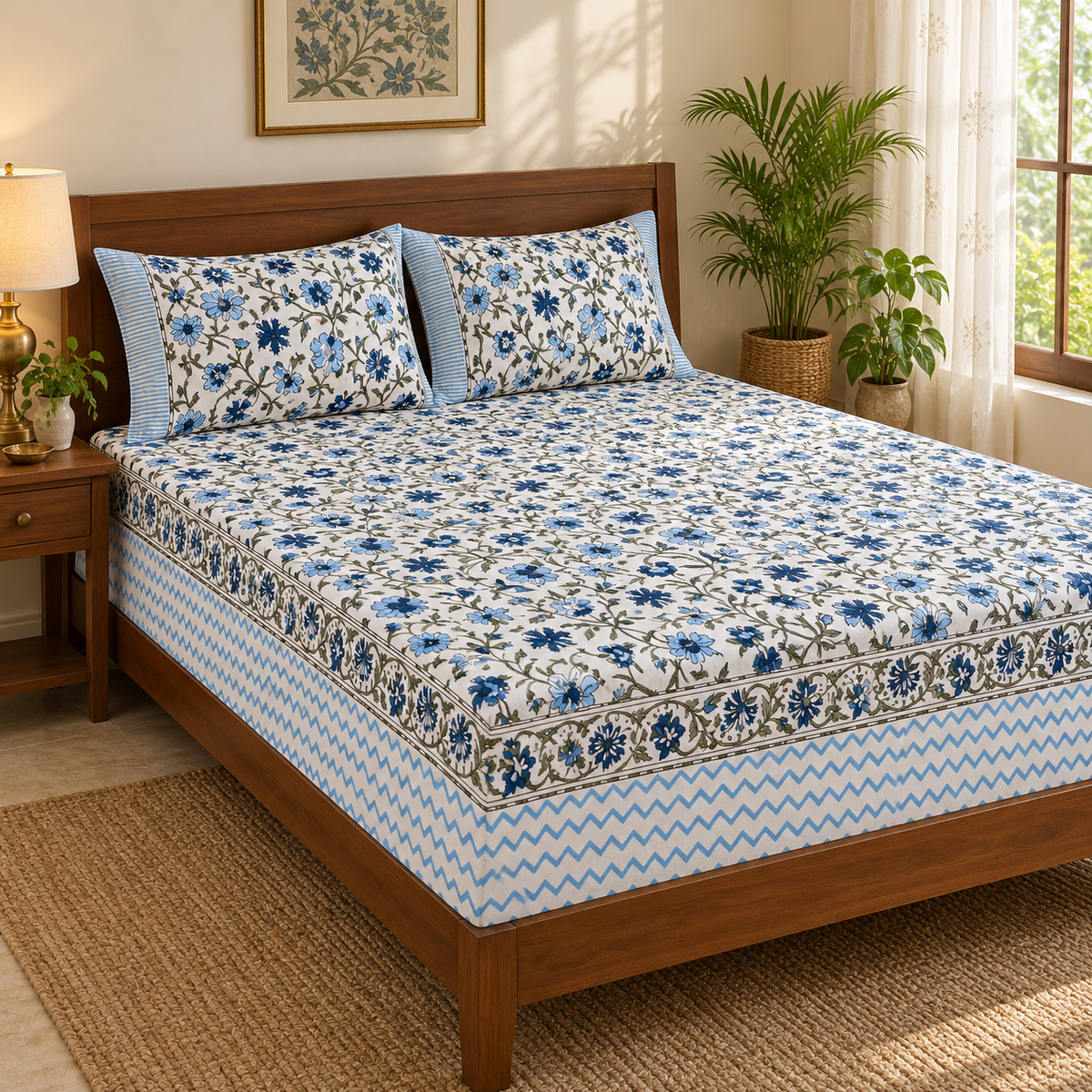 Blue Zigzag Floral Bedsheet Set, on a made double bed in a bright bedroom