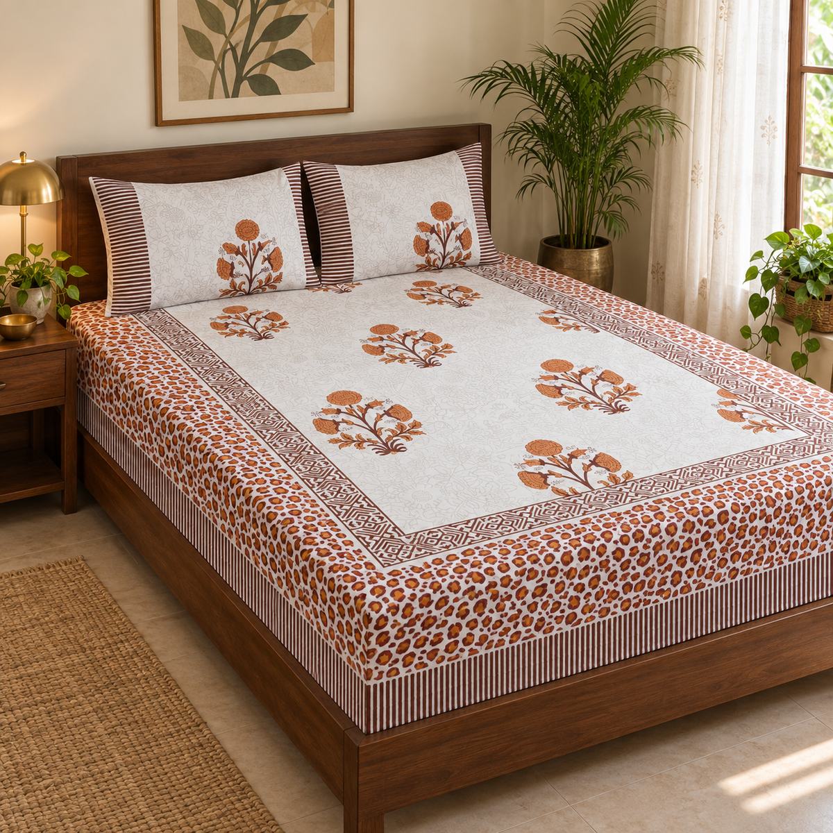 Rust Floral Buta Bedsheet Set, on a made double bed in a bright bedroom