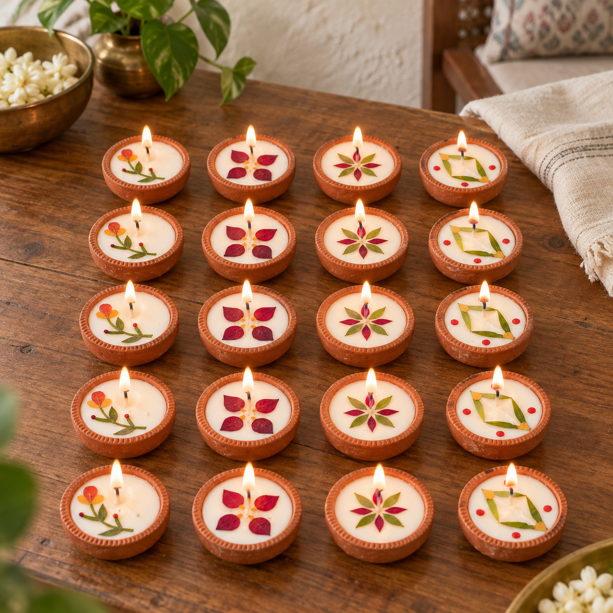 Soy Wax Dried-Flower Diyas, 4 Boat and 16 Round, in a home in daylight