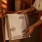 Block-Printed Off White and Peach Towel Set, The Linen Room. Handmade in India by House of Taraasha.