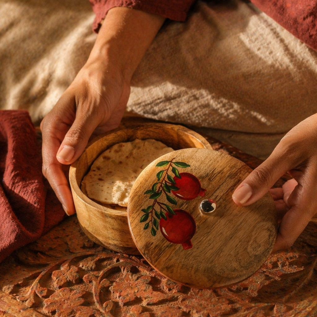 Rajasthan Hand-Painted Anar Mango Wood Roti Box, The Wood Table. Handmade in India by House of Taraasha.