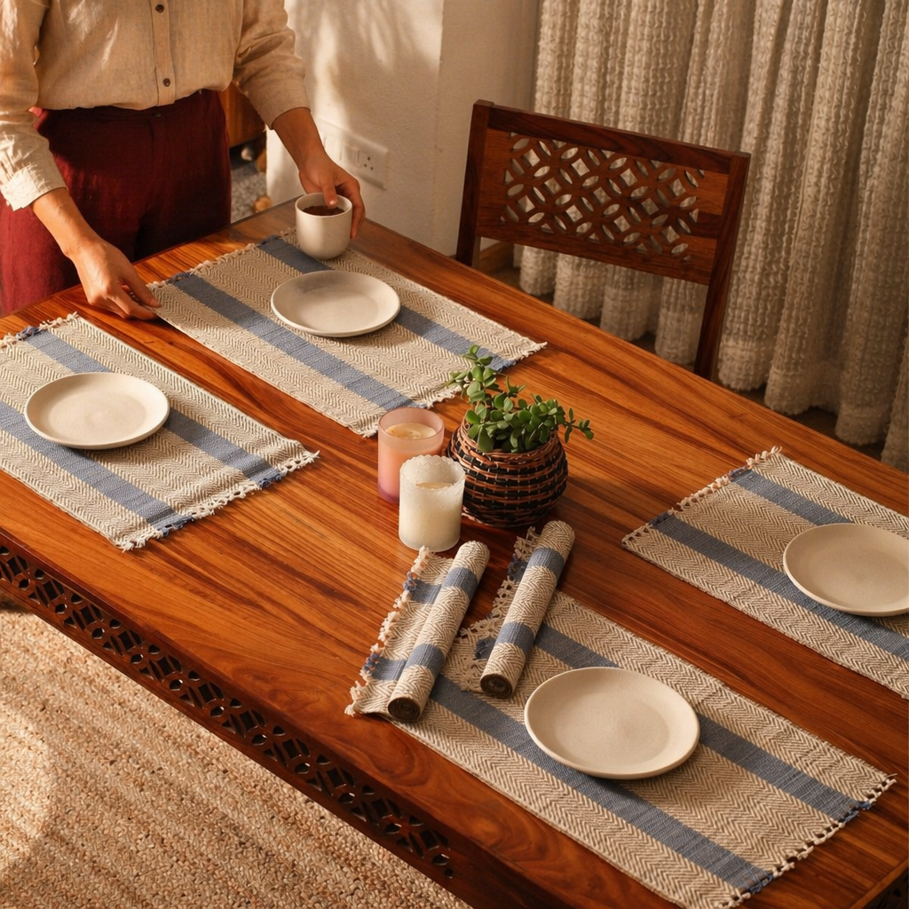 Madur Blue Handwoven Grass Table Mats, The Gathered Table. Handmade in India by House of Taraasha.