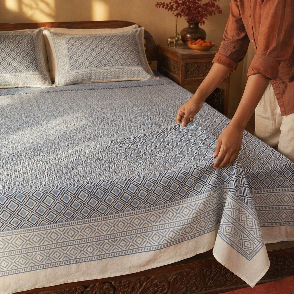 Blue & Grey Bagru Geometric Bedsheet, The Linen Room. Handmade in India by House of Taraasha.