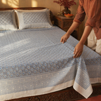 Blue & Grey Bagru Geometric Bedsheet, The Linen Room. Handmade in India by House of Taraasha.