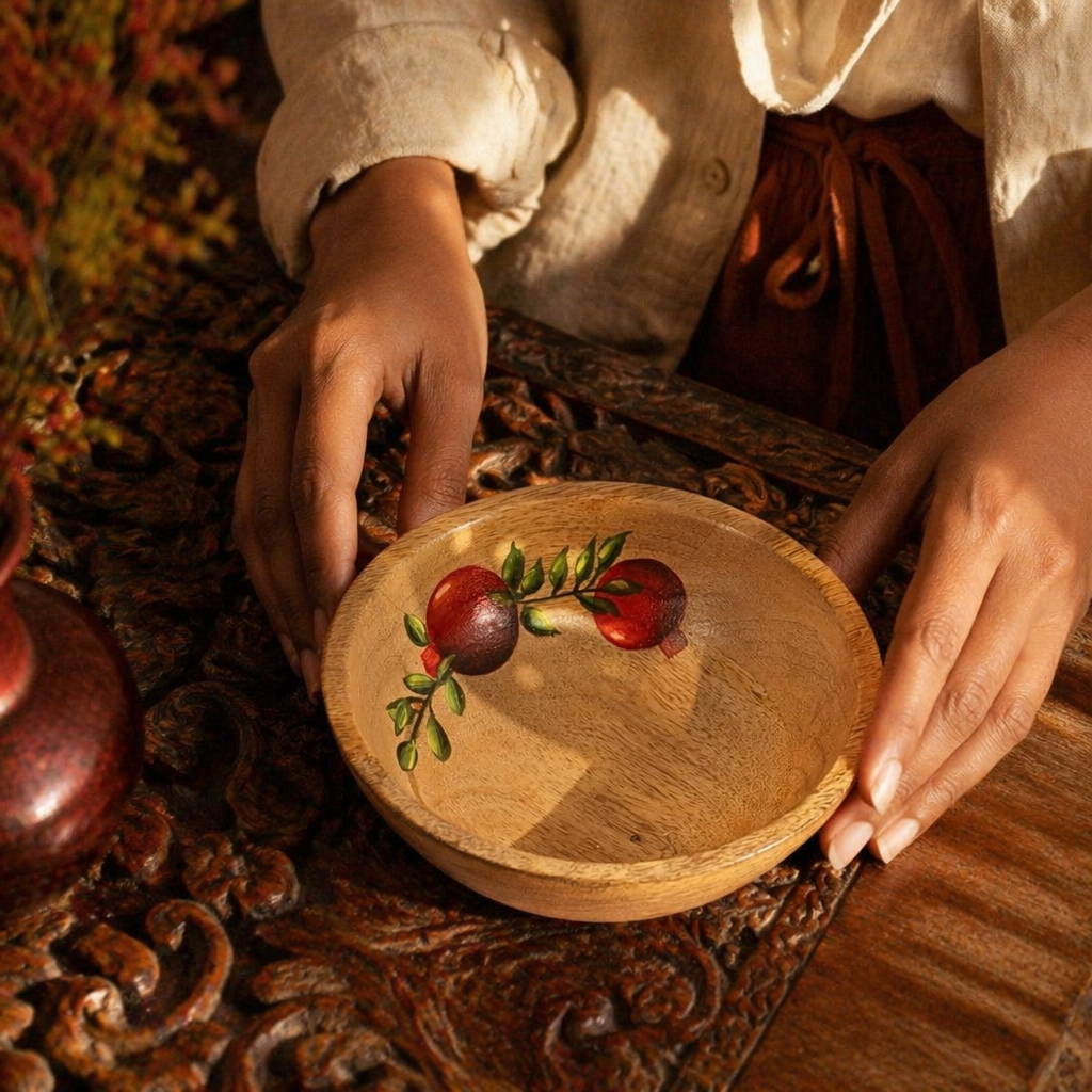 Rajasthan Hand-Painted Anar Mango Wood Salad Bowl, The Brass Atelier. Handmade in India by House of Taraasha.