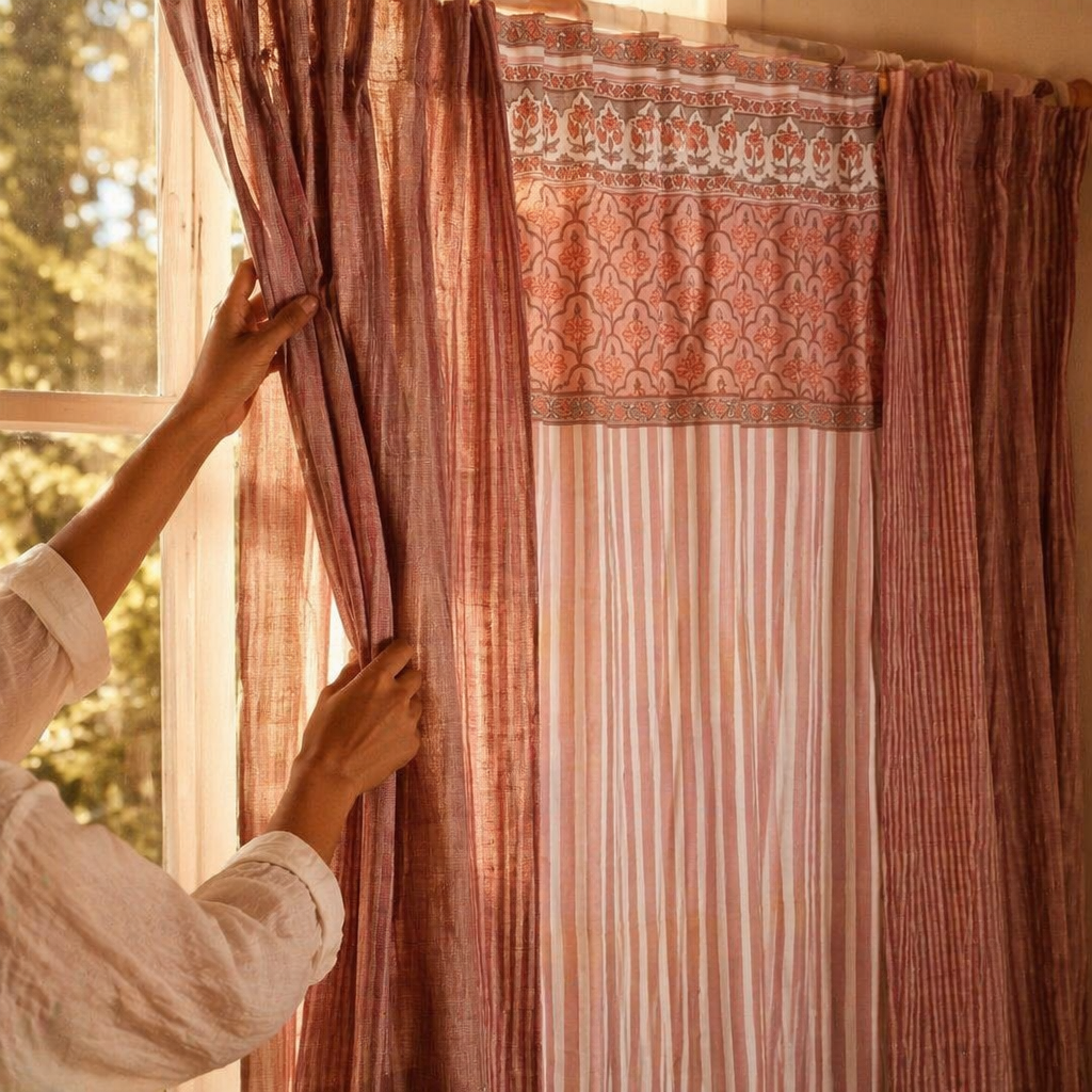 Royal Courtyards Dusty Pink & Off-White Woven-Printed Set of Three, The Draped Window. Handmade in India by House of Taraasha.