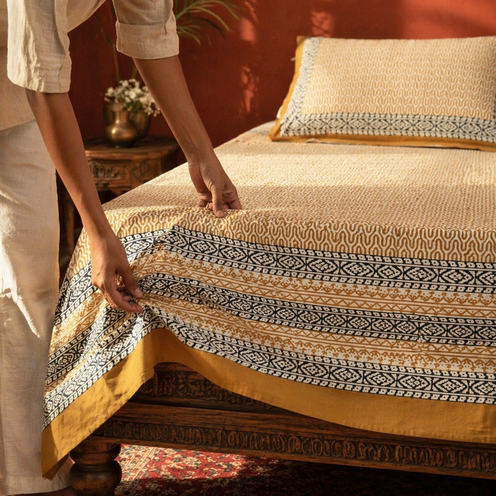 Mustard & Black Bagru Tiled Geometric Bedsheet, The Linen Room. Handmade in India by House of Taraasha.