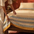 Mustard & Black Bagru Tiled Geometric Bedsheet, The Linen Room. Handmade in India by House of Taraasha.