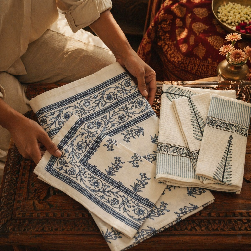 White and Blue Floral Bed and Bath Gift Set, The Gift Room. Handmade in India by House of Taraasha.