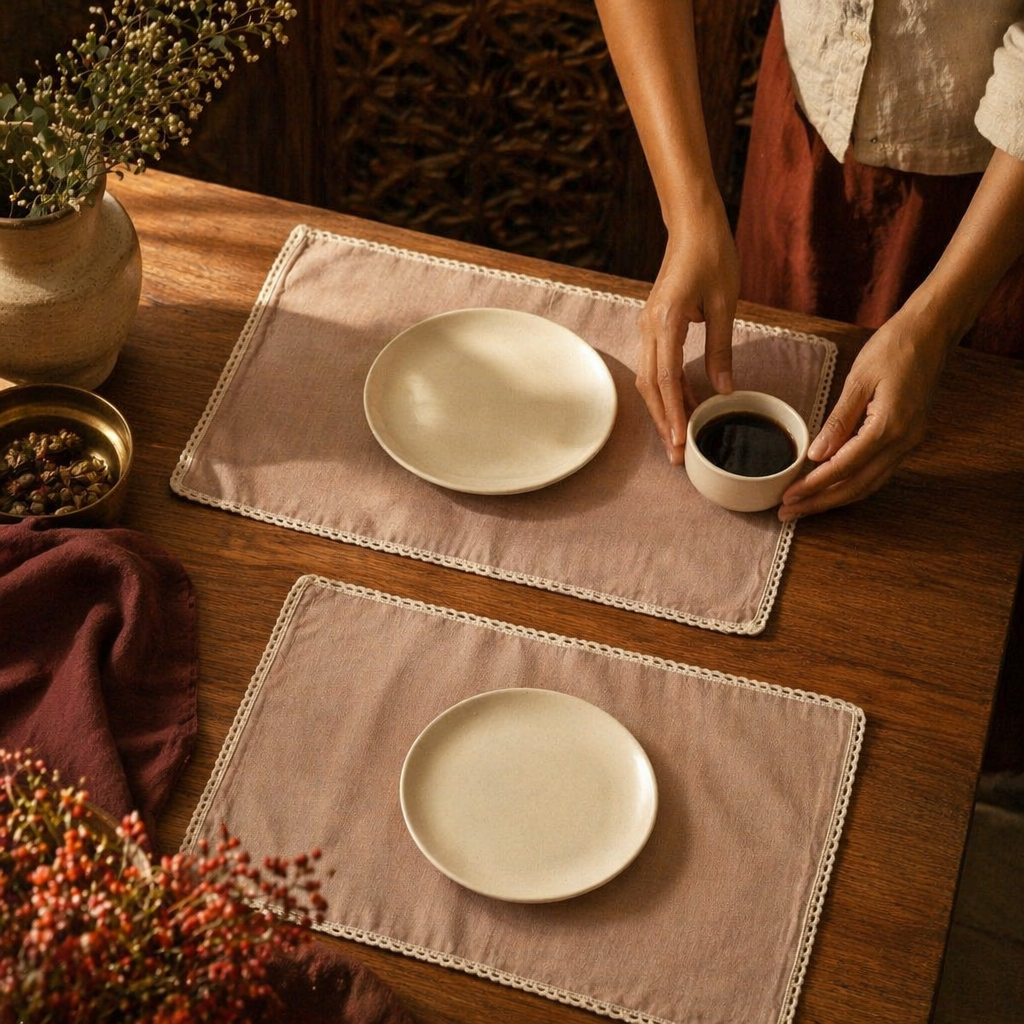 Crochet-Edged Table Mats Taupe and Off-White, The Gathered Table. Handmade in India by House of Taraasha.