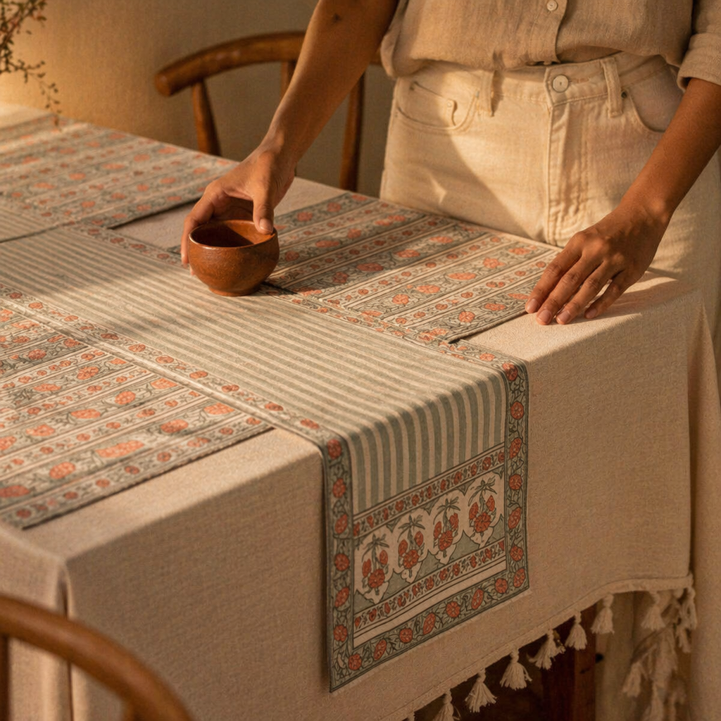 Green & Dusty Pink Floral Cotton Runner & Mat Set, The Gathered Table. Handmade in India by House of Taraasha.