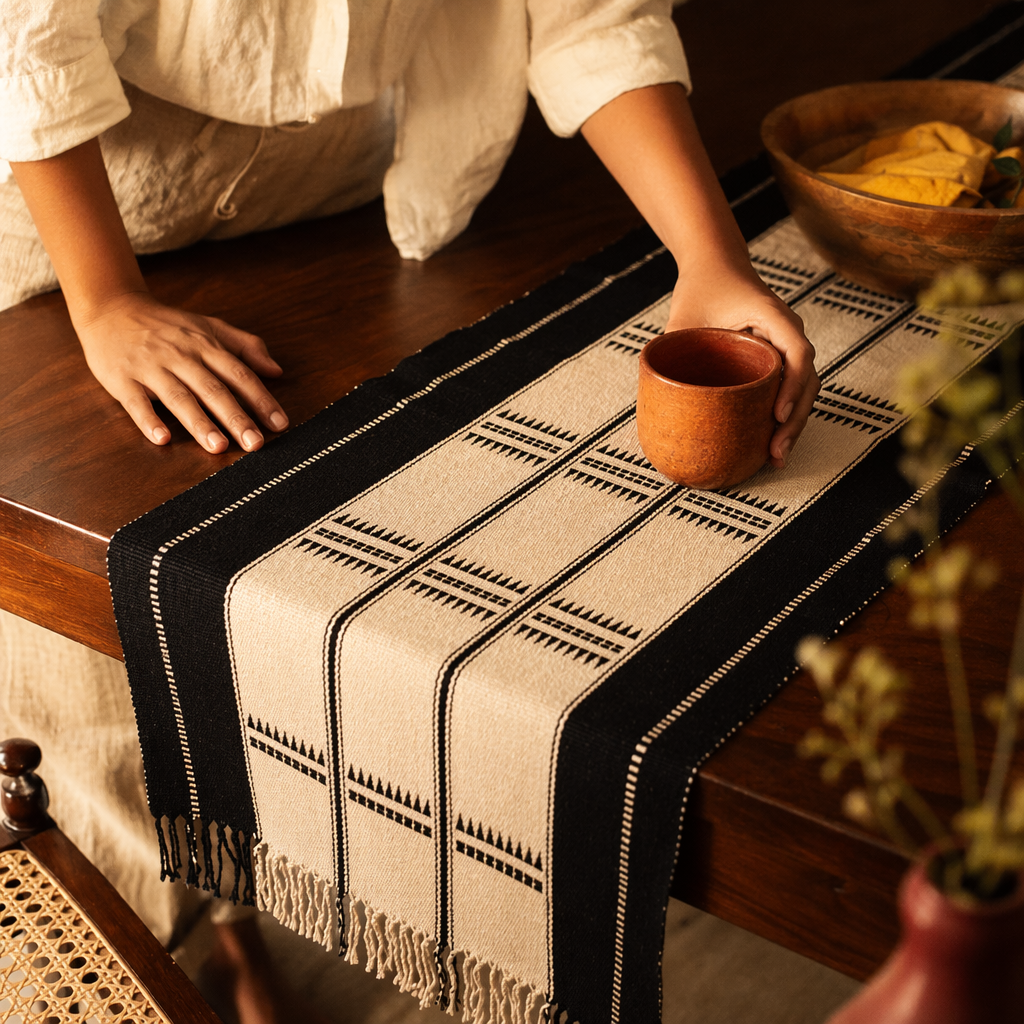 Naga Backstrap-Woven Runner Monochrome Stripe, The Gathered Table. Handmade in India by House of Taraasha.