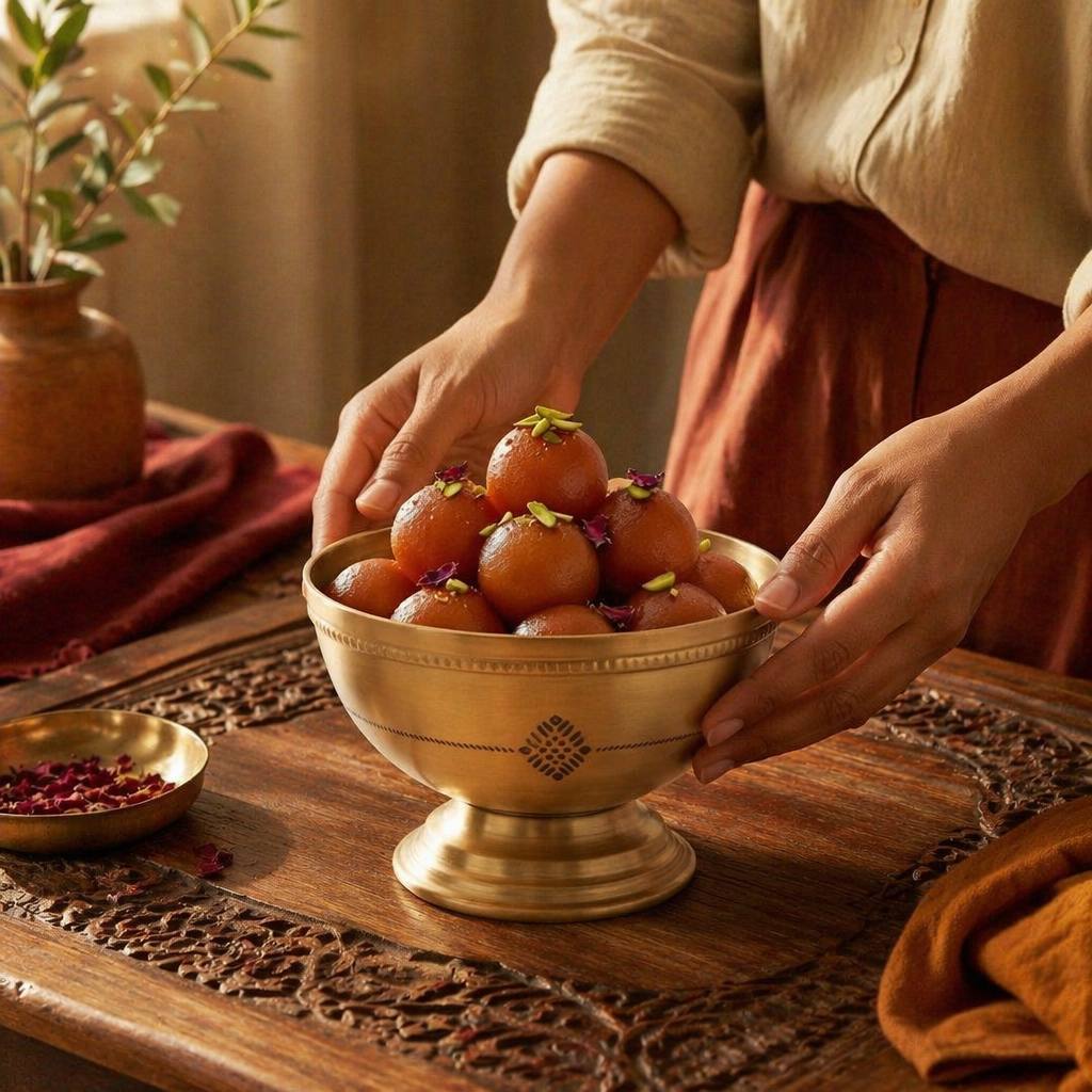 Kanjeevaram Brass Polished Serving Bowl, The Brass Atelier. Handmade in India by House of Taraasha.