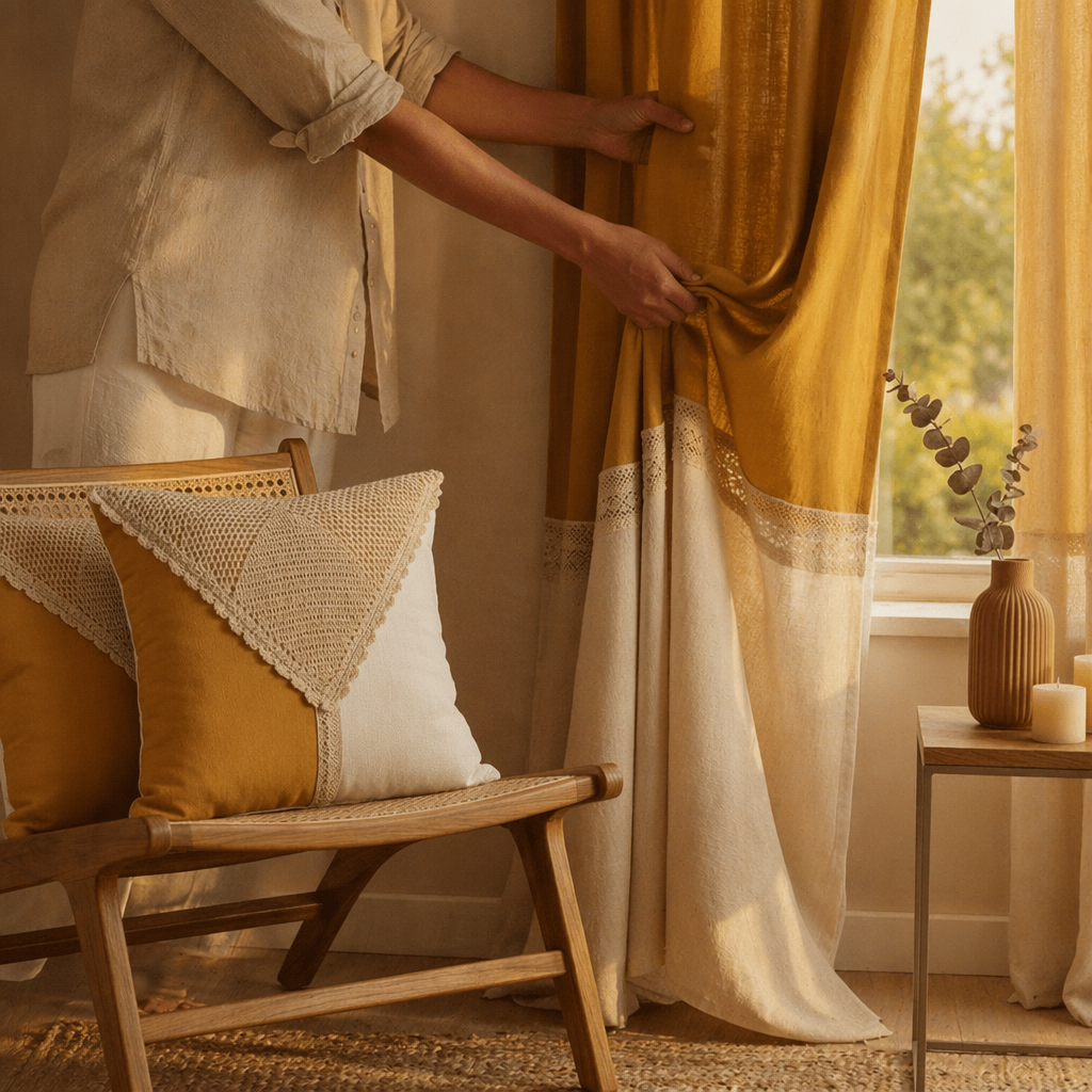 Mustard & Off-White Reversible Cotton Curtain & Cushion Set, The Draped Window. Handmade in India by House of Taraasha.