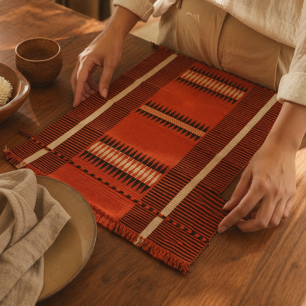 Tangerine Striped Naga Backstrap-Woven Table Mat, The Gathered Table. Handmade in India by House of Taraasha.
