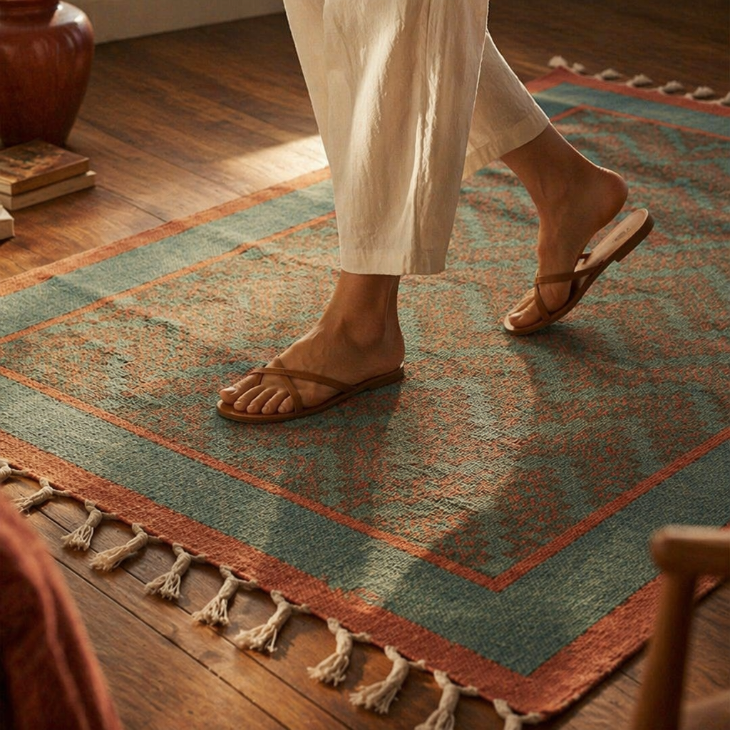 Green and Navy Hand Block-Printed Cotton Chevron Rug, The Woven Floor. Handmade in India by House of Taraasha.