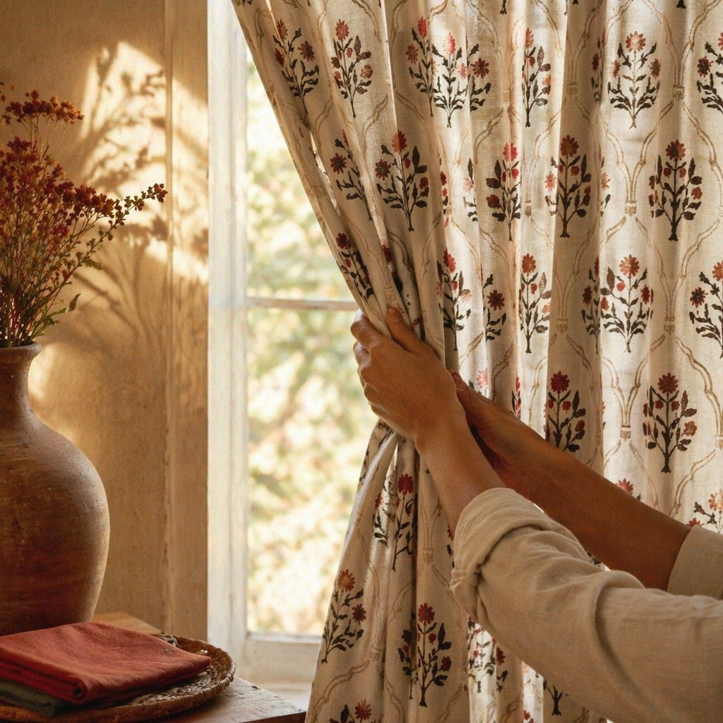 Rust and Maroon Ornate Floral Cotton Door Curtain, The Draped Window. Handmade in India by House of Taraasha.